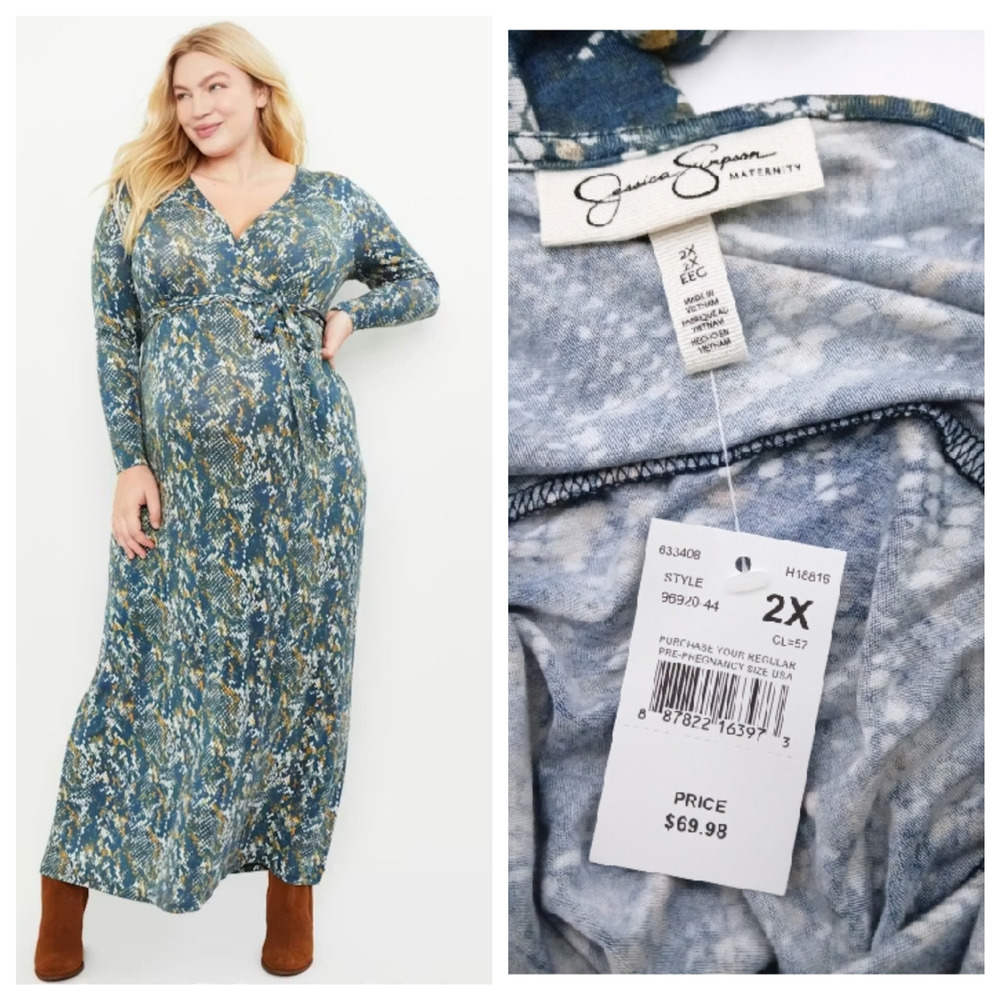 Jessica Simpson Maternity Long Sleeve V-Neck Maxi Wrap Dress Plus 2X Snake Print